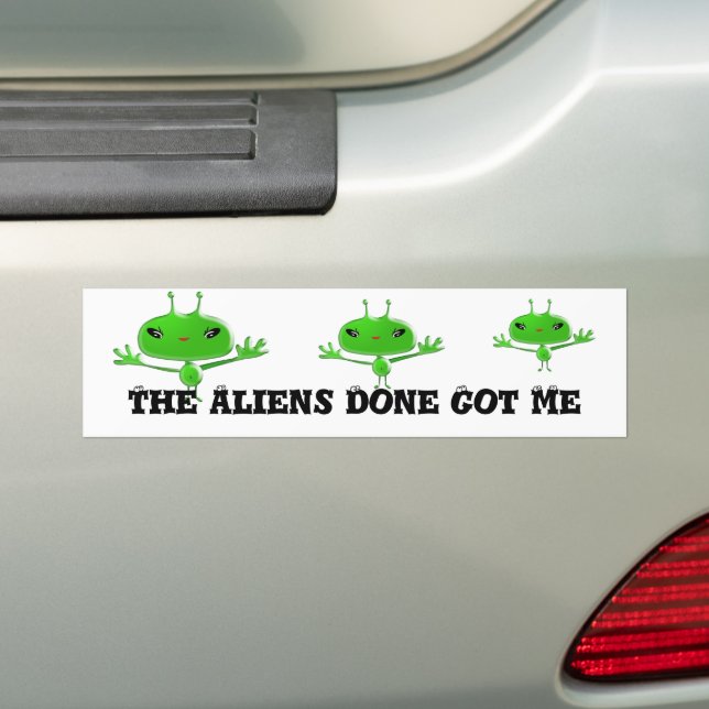 Cute Green Outer Space Aliens with Space Ship Bumper Sticker (On Car)