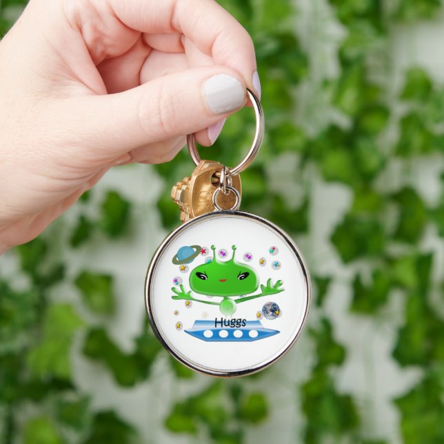 Cute Green Outer Space Aliens with Space Ship Key Ring (Hand)
