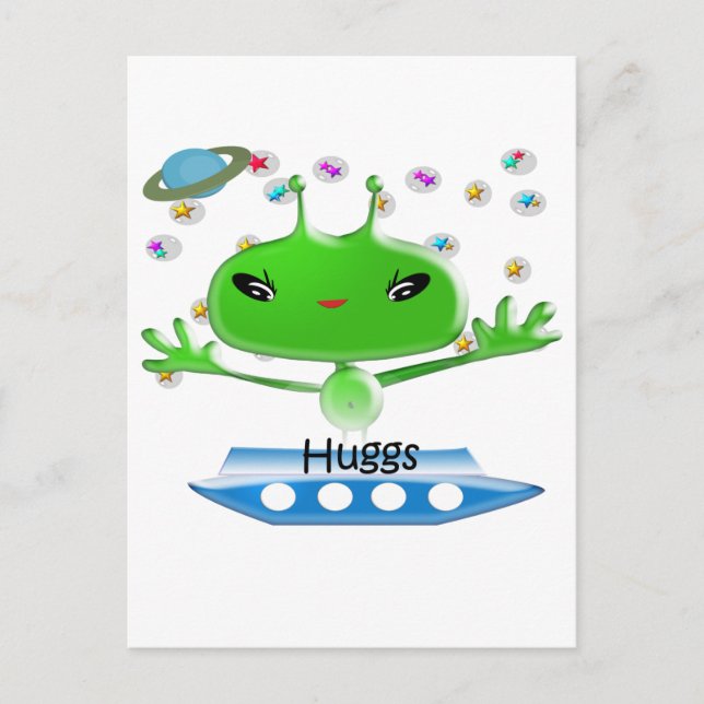Cute Green Outer Space Aliens with Space Ship Postcard (Front)