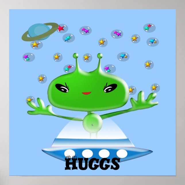 Cute Green Outer Space Aliens with Space Ship Poster (Front)