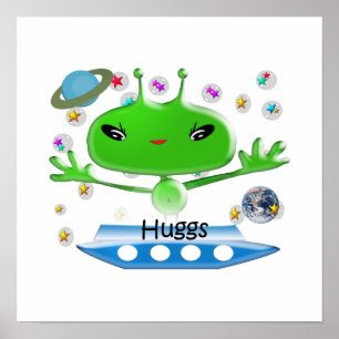 Cute Green Outer Space Aliens with Space Ship Poster