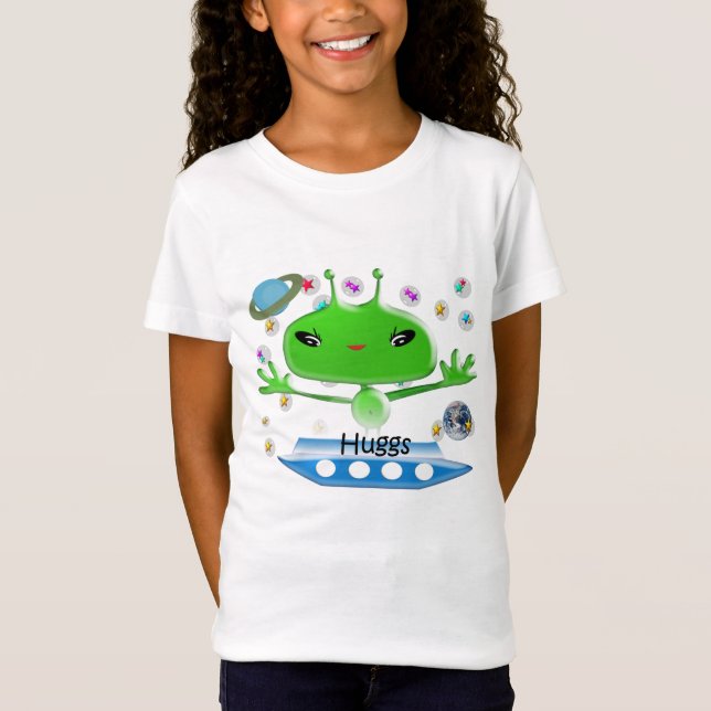 Cute Green Outer Space Aliens with Space Ship T-Shirt (Front)