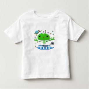 Cute Green Outer Space Aliens with Space Ship Toddler T-Shirt