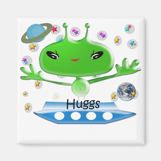 Cute Green Outer Space Aliens with Spaceship Magnet (Front)