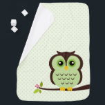 Cute Green Owl Baby Blanket<br><div class="desc">Sweet and whimsical illustration of an owl perched on a tree branch on a polka dots pattern background.</div>