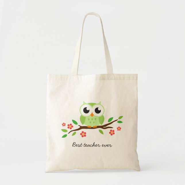 Cute green owl on floral branch best teacher ever tote bag (Front)