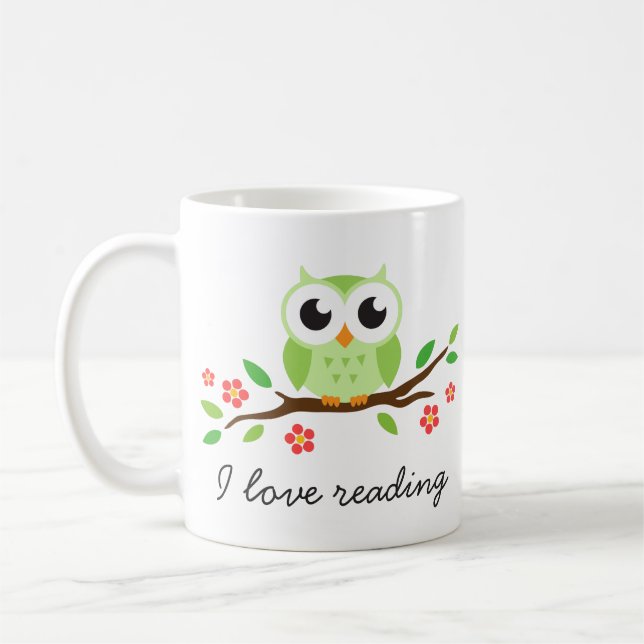 Cute green owl on floral branch I love reading Coffee Mug (Left)