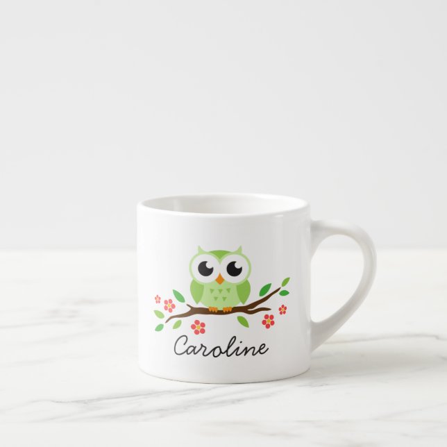 Cute green owl on floral branch personalised name espresso cup (Right)