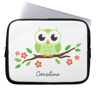 Cute green owl on floral branch personalised name laptop sleeve