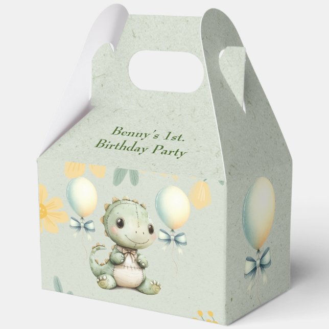 Cute Green Painted Dinosaur 1st Birthday Party Favour Box (Back)