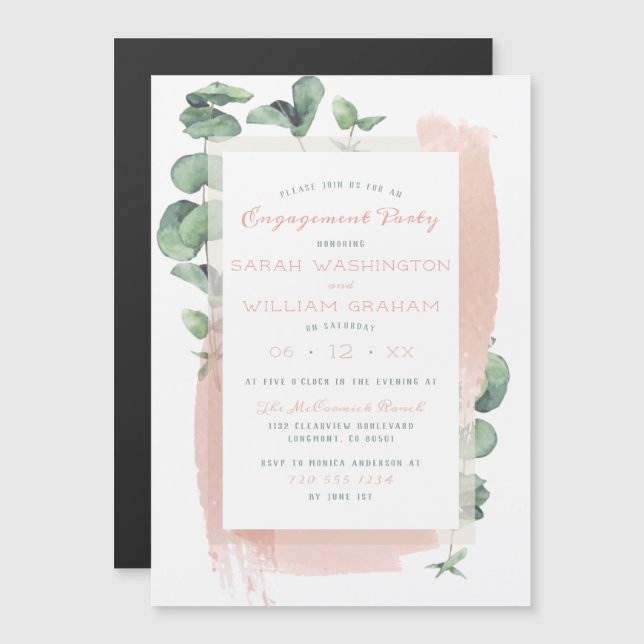 Cute Green Painted Sprigs Floral Engagement Party Magnetic Invitation (Front/Back)