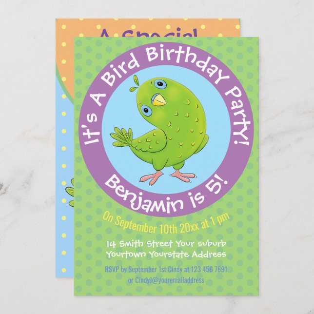 Cute green parakeet cartoon illustration 5 years i invitation (Front/Back)