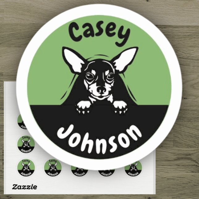 Cute Green Peeking Dog Back to School Name Classic Round Sticker (Creator Uploaded)