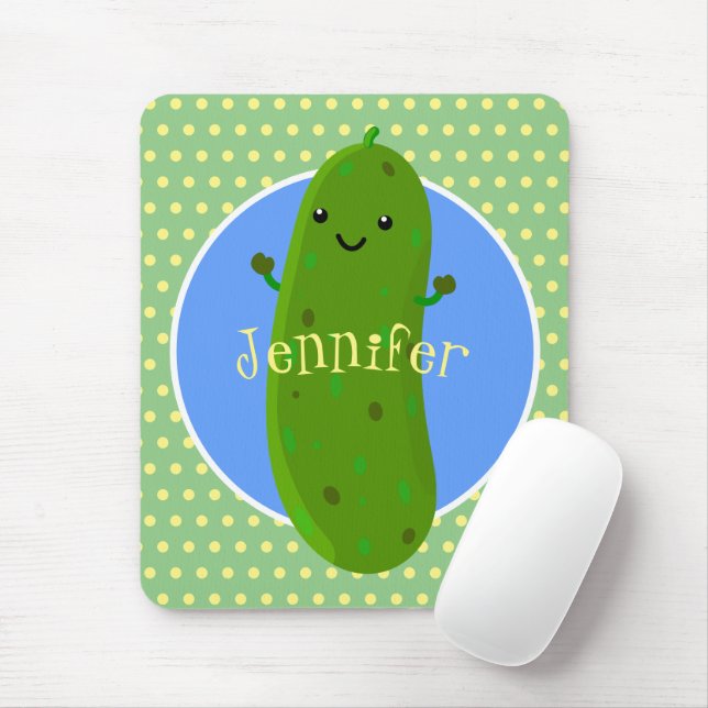 Cute green pickle cucumber cartoon illustration mouse pad (With Mouse)
