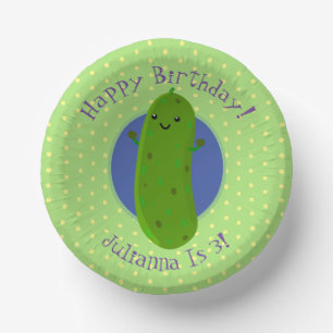 Cute green pickle cucumber cartoon illustration paper plate