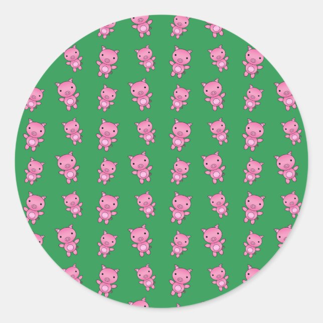 Cute green pig pattern classic round sticker (Front)