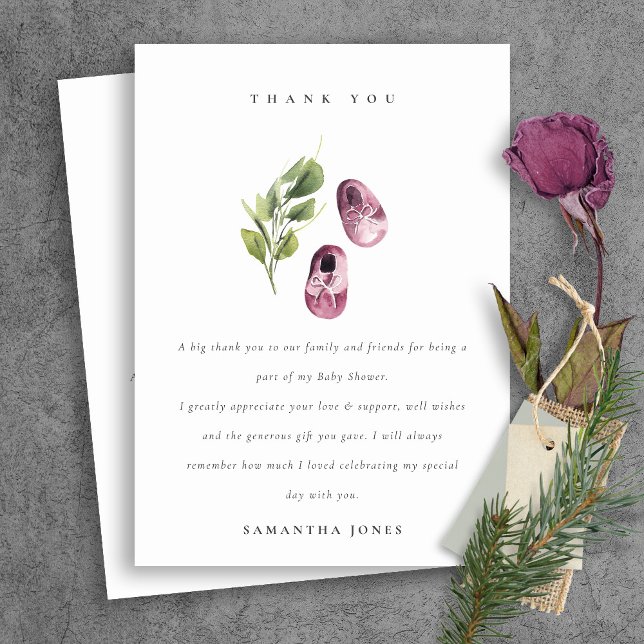 Cute Green Pink Girl Shoes Foliage Baby Shower Thank You Card (Creator Uploaded)