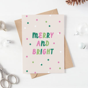 Cute Green Pink Merry & Bright Confetti Christmas Holiday Card
