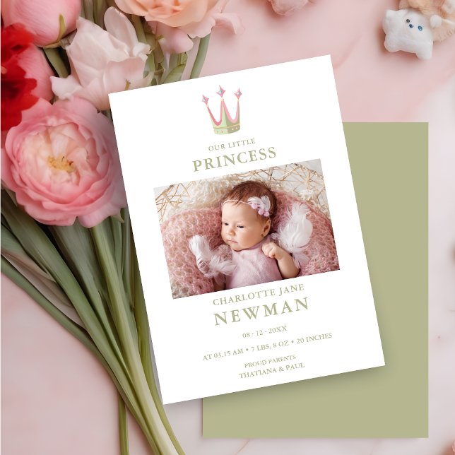 Cute Green Pink Princess Crown Photo Baby Newborn Announcement (Cute Green & Pink Princess Crown Photo Baby Newborn Announcement Card with Envelope. )