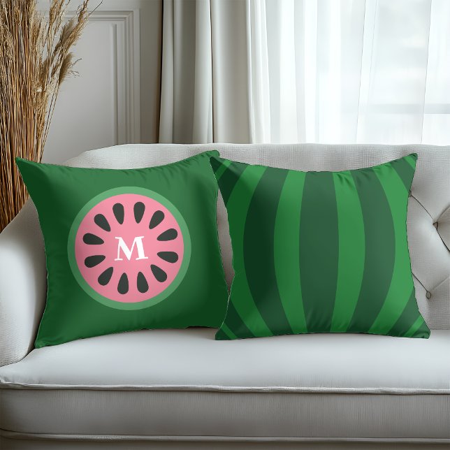 Cute Green Pink Watermelon Fruit Monogram Cushion (Creator Uploaded)