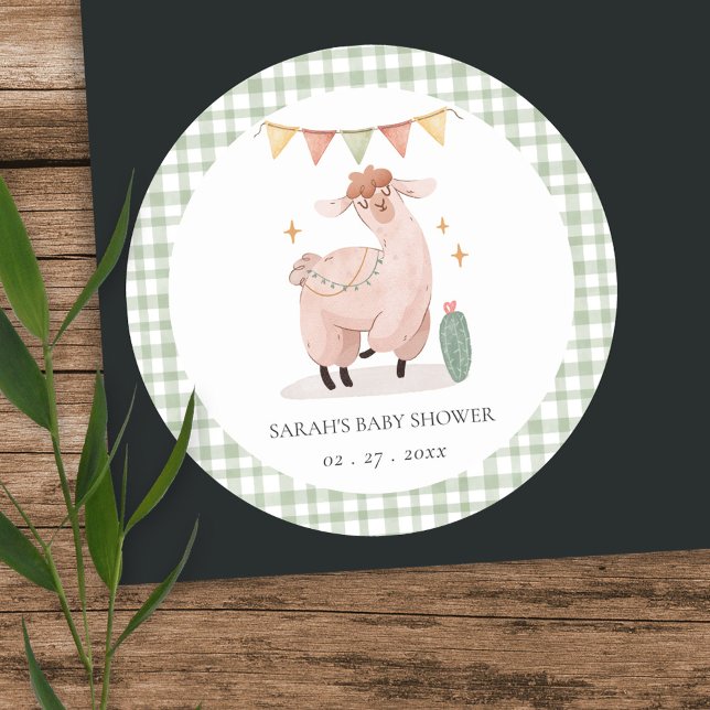 Cute Green Plaid Cactus Boho Llama Baby Shower Classic Round Sticker (Creator Uploaded)