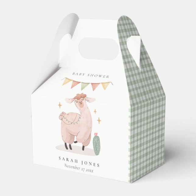 Cute Green Plaid Cactus Boho Llama Baby Shower Favour Box (Front Side)