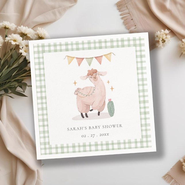 Cute Green Plaid Cactus Boho Llama Baby Shower Napkin (Creator Uploaded)