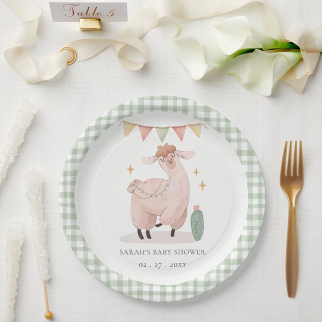 Cute Green Plaid Cactus Boho Llama Baby Shower Paper Plate (Wedding)