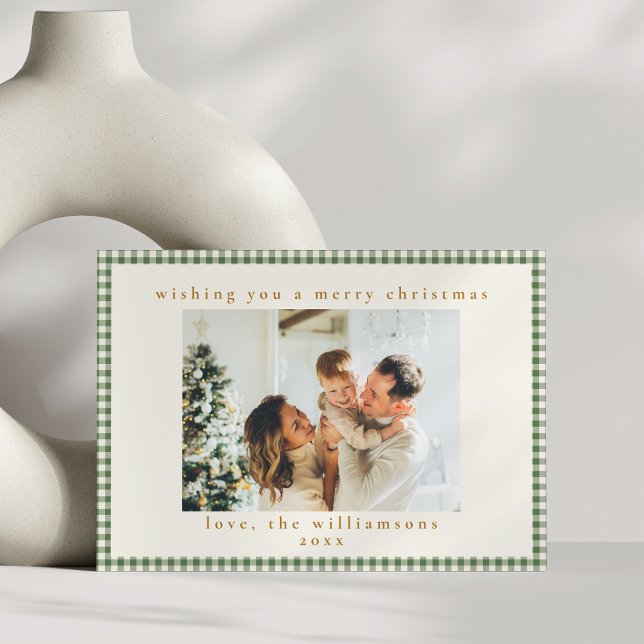 Cute Green Plaid Custom Two Photo Christmas Holiday Card (Creator Uploaded)