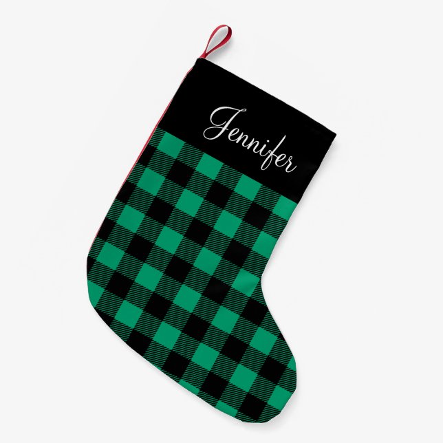 Cute Green Plaid Pattern Name Small Christmas Stocking (Front (Hanging))