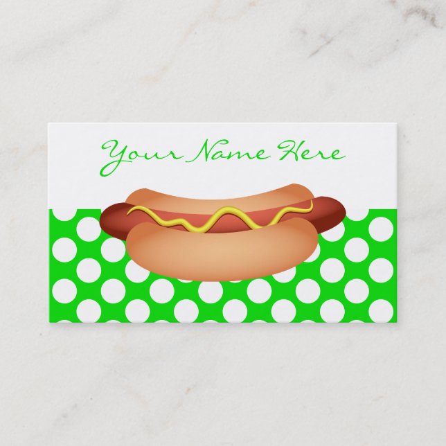 Cute Green Polka Dots & Tasty Hotdog Snack Design Business Card (Front)