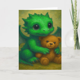 Cute Green Puppy Eyed Baby Dragon with Teddy Bear Card