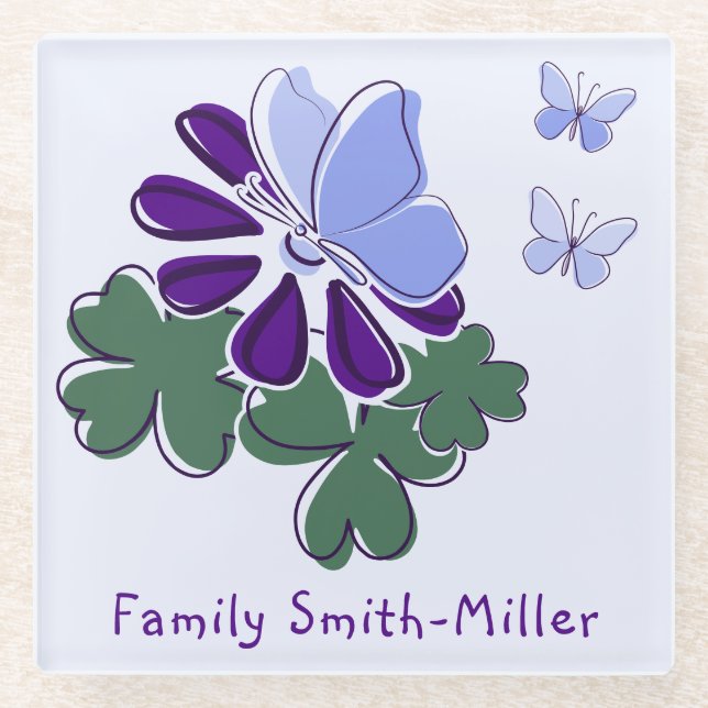 Cute Green Purple Bloom Blue Butterfly Doodle Glass Coaster (Front)