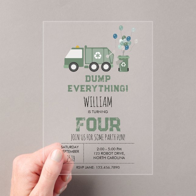 Cute Green Recycling Truck Boys Vehicles Birthday Acrylic Invitations (Insitu (Handheld))