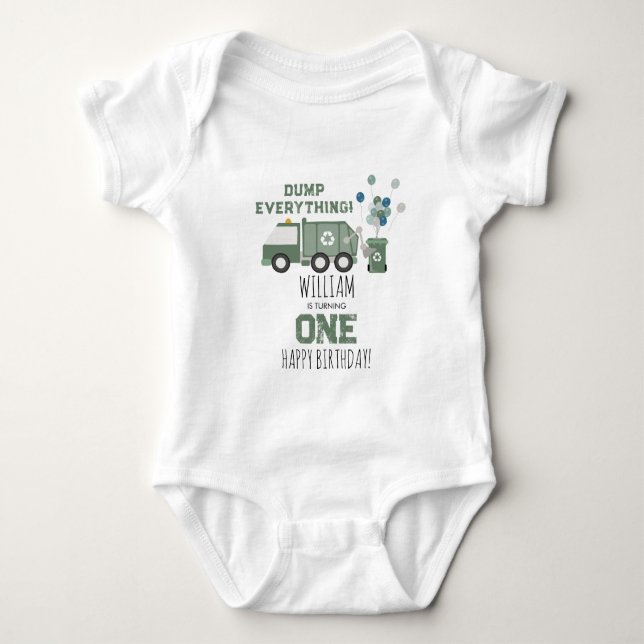 Cute Green Recycling Truck Kids Name Age Birthday Baby Bodysuit (Front)
