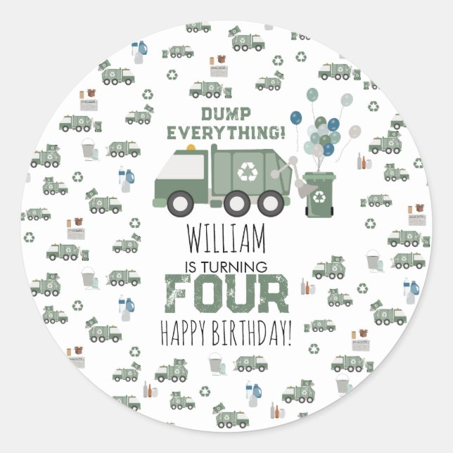 Cute Green Recycling Truck Kids Name Age Birthday Classic Round Sticker (Front)