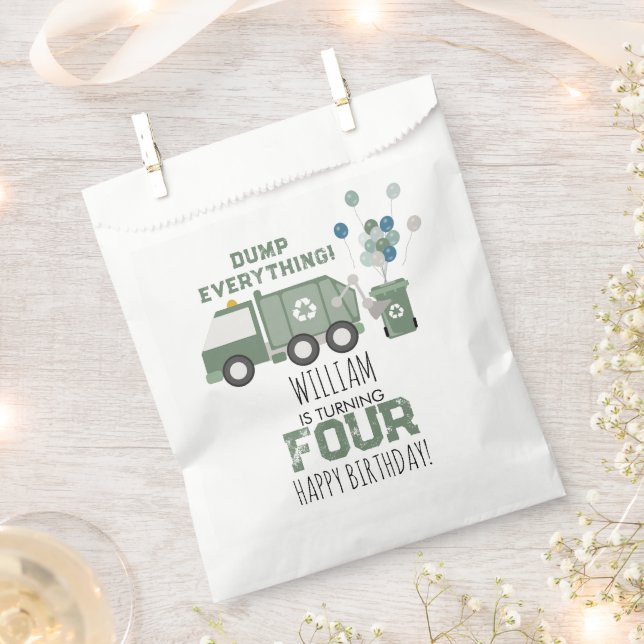 Cute Green Recycling Truck Kids Name Age Birthday Favour Bags (Clipped)