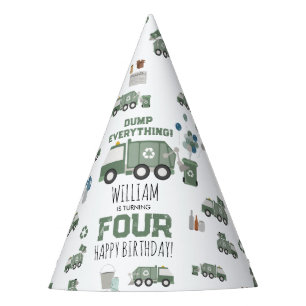 Cute Green Recycling Truck Kids Name Age Birthday Party Hat