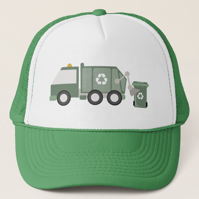 Cute Green Recycling Truck Kids Vehicles Birthday Trucker Hat (Front)
