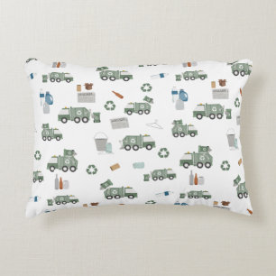 Cute Green Recycling Truck Kids Vehicles Pattern Decorative Cushion
