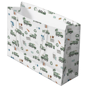 Cute Green Recycling Truck Kids Vehicles Pattern Large Gift Bag
