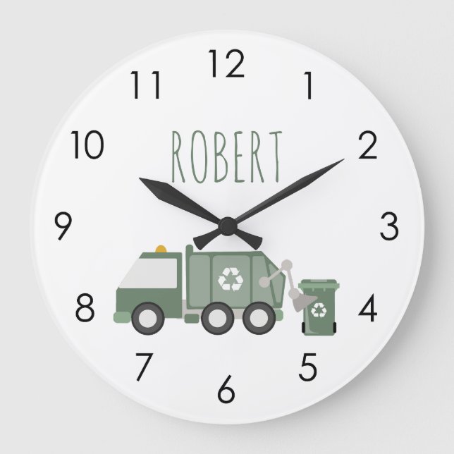 Cute Green Recycling Truck Vehicles Kids Name Large Clock (Front)
