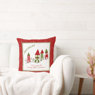 Cute green&red village in the snow at Christmas  Cushion