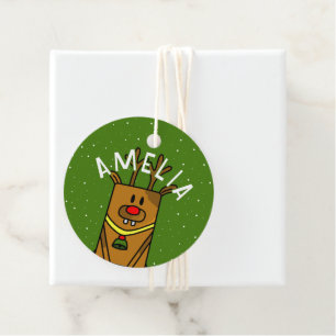 Cute Green Reindeer Kid`s Name Christmas Favour Tags