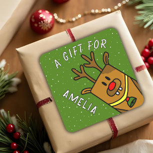 Cute Green Reindeer Kid`s Name Christmas Gift Square Sticker