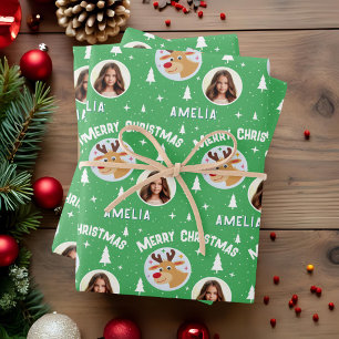 Cute Green Reindeer Kid`s Name Photo Christmas Wrapping Paper Sheet