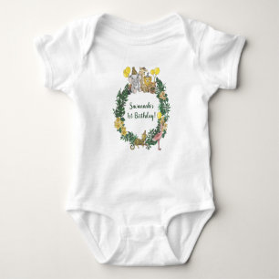 Cute Green Safari Animals Wreath First Birthday  Baby Bodysuit