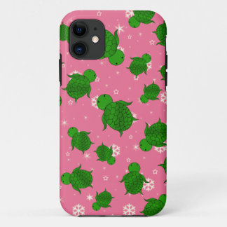 Cute green sea turtle christmas pink snowflakes Case-Mate iPhone case