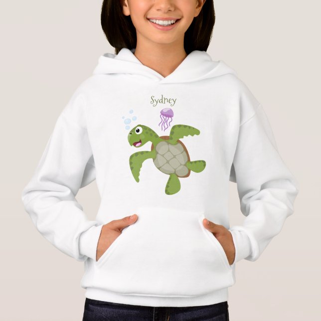 Cute green sea turtle happy cartoon illustration (Front)