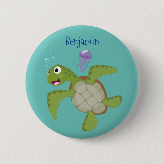 Cute green sea turtle happy cartoon illustration 6 cm round badge (Front)